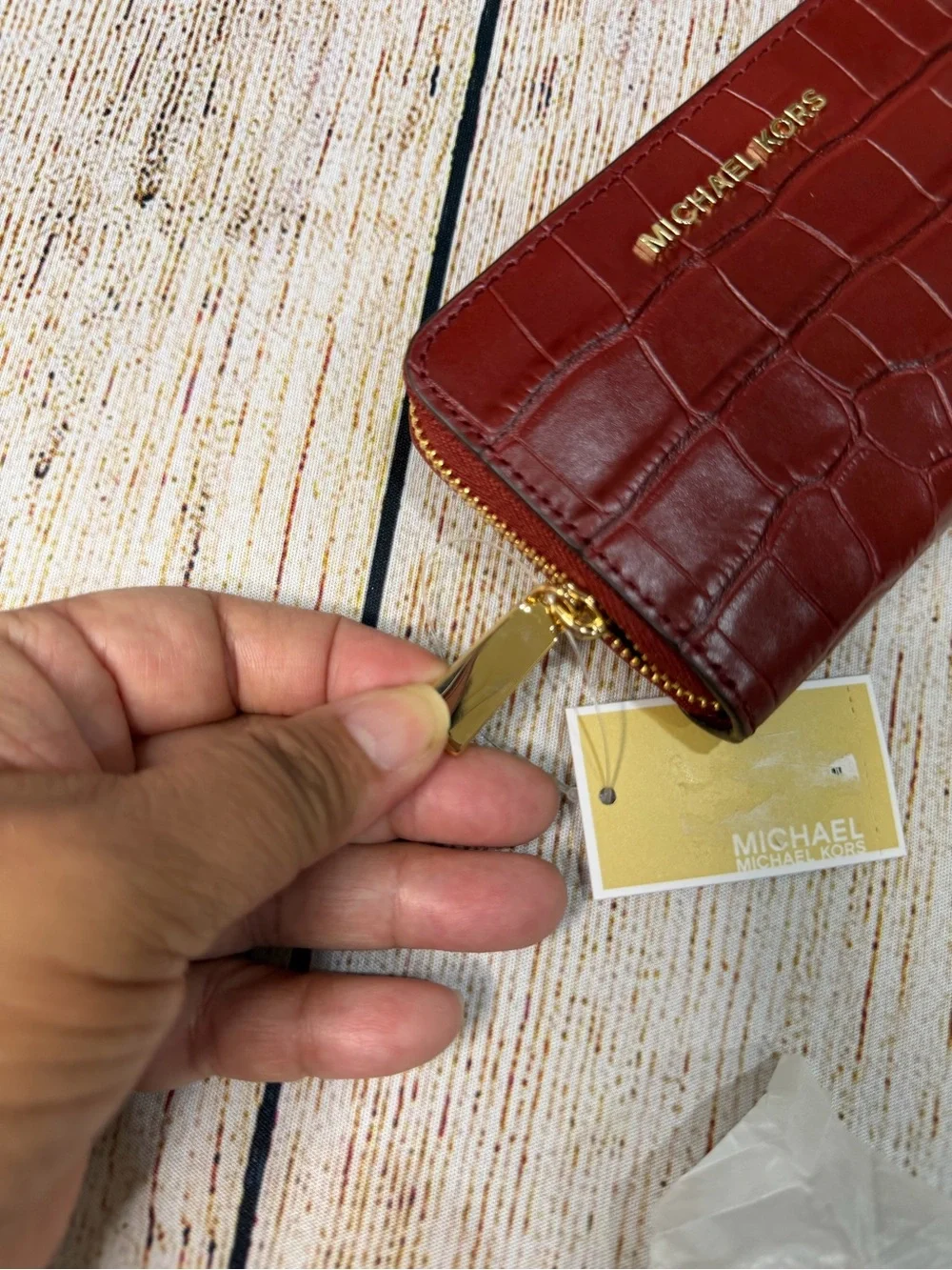 Michael Kors Croc-Embossed Zip Wallet in Burgundy with Gold Hardware